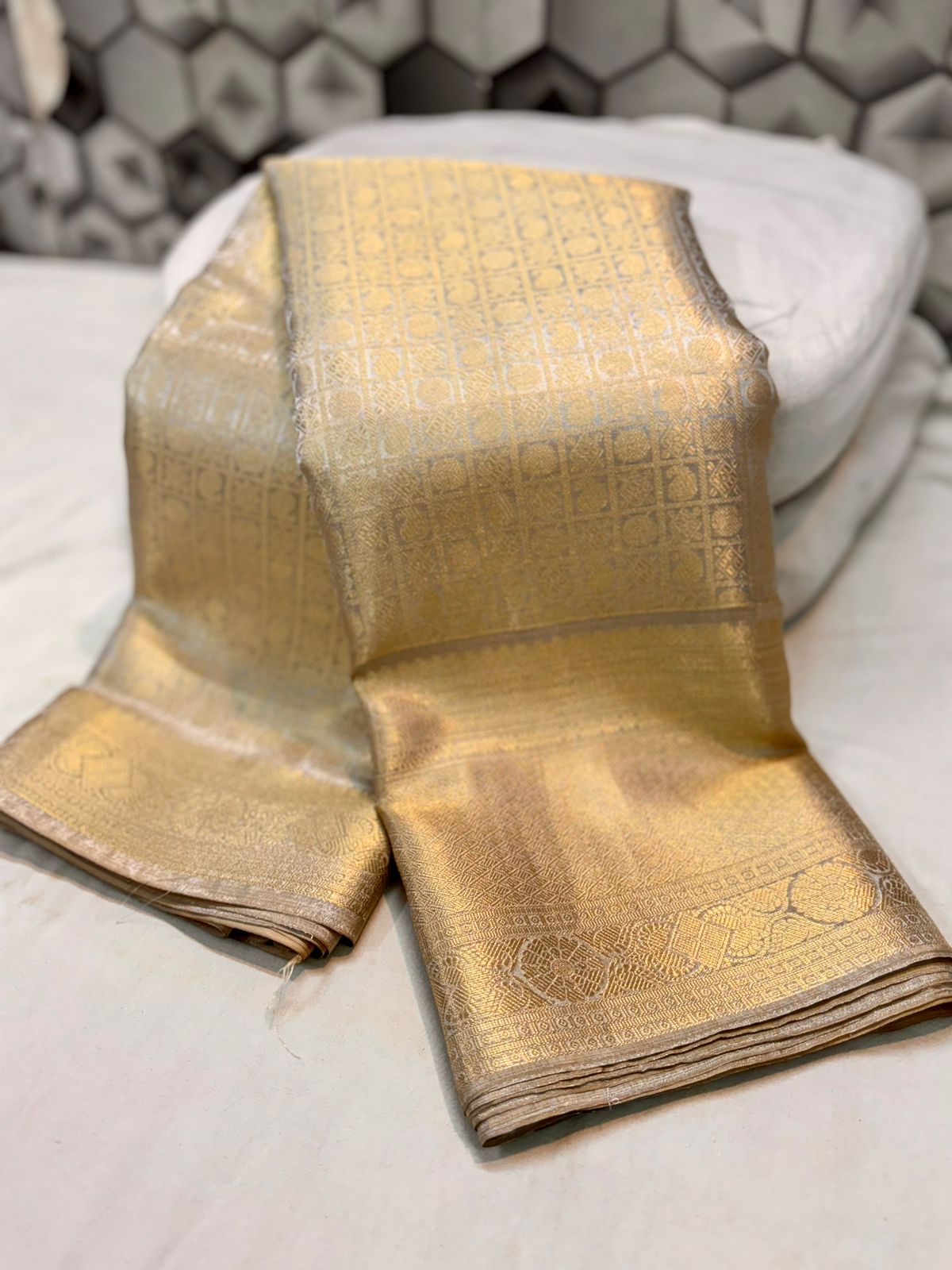 Goldensilver Color Banarasi Tissue Silk Saree - Alna Apparels