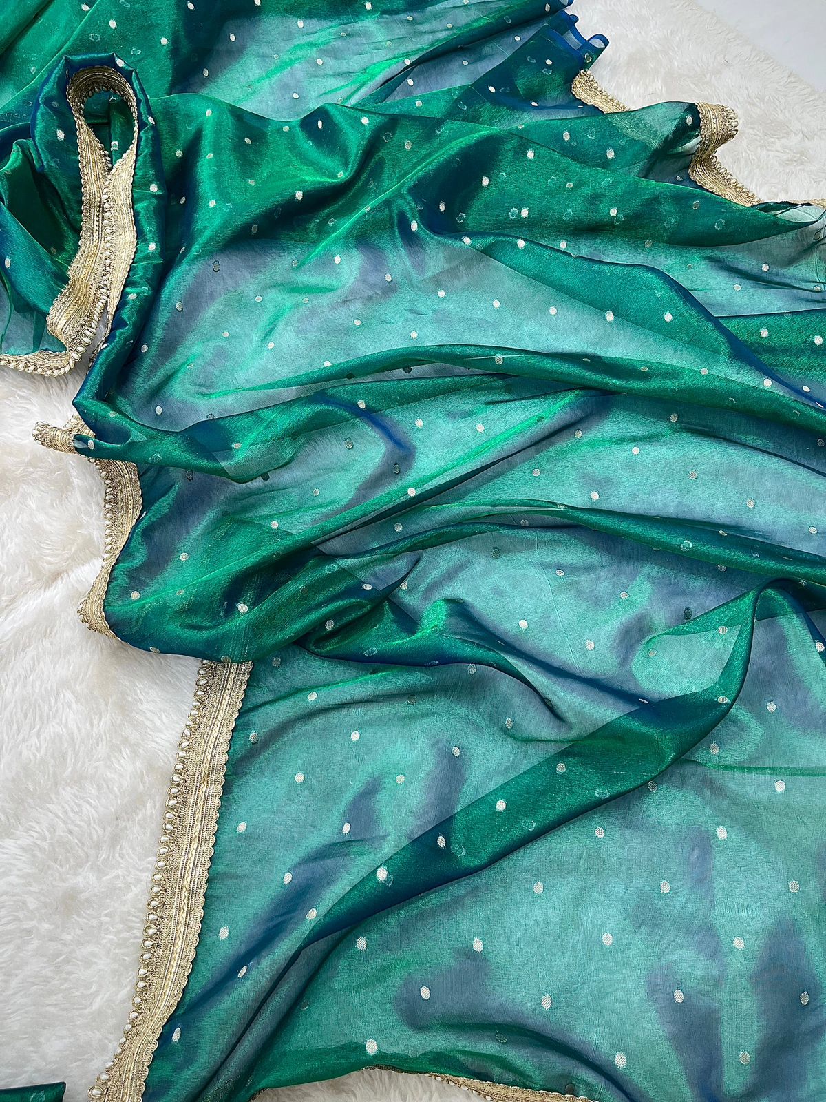Green Color Banarasi Tissue Silk Saree With Grand Lace Work Alna Apparels