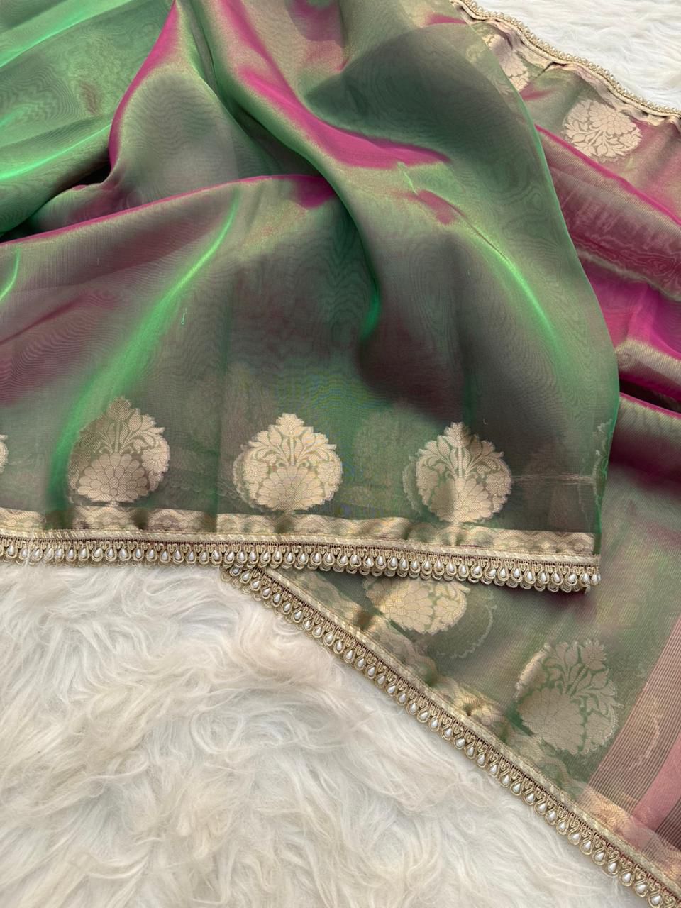 Green Color Banarasi Tissue Silk Saree With Lace Work - Alna Apparels