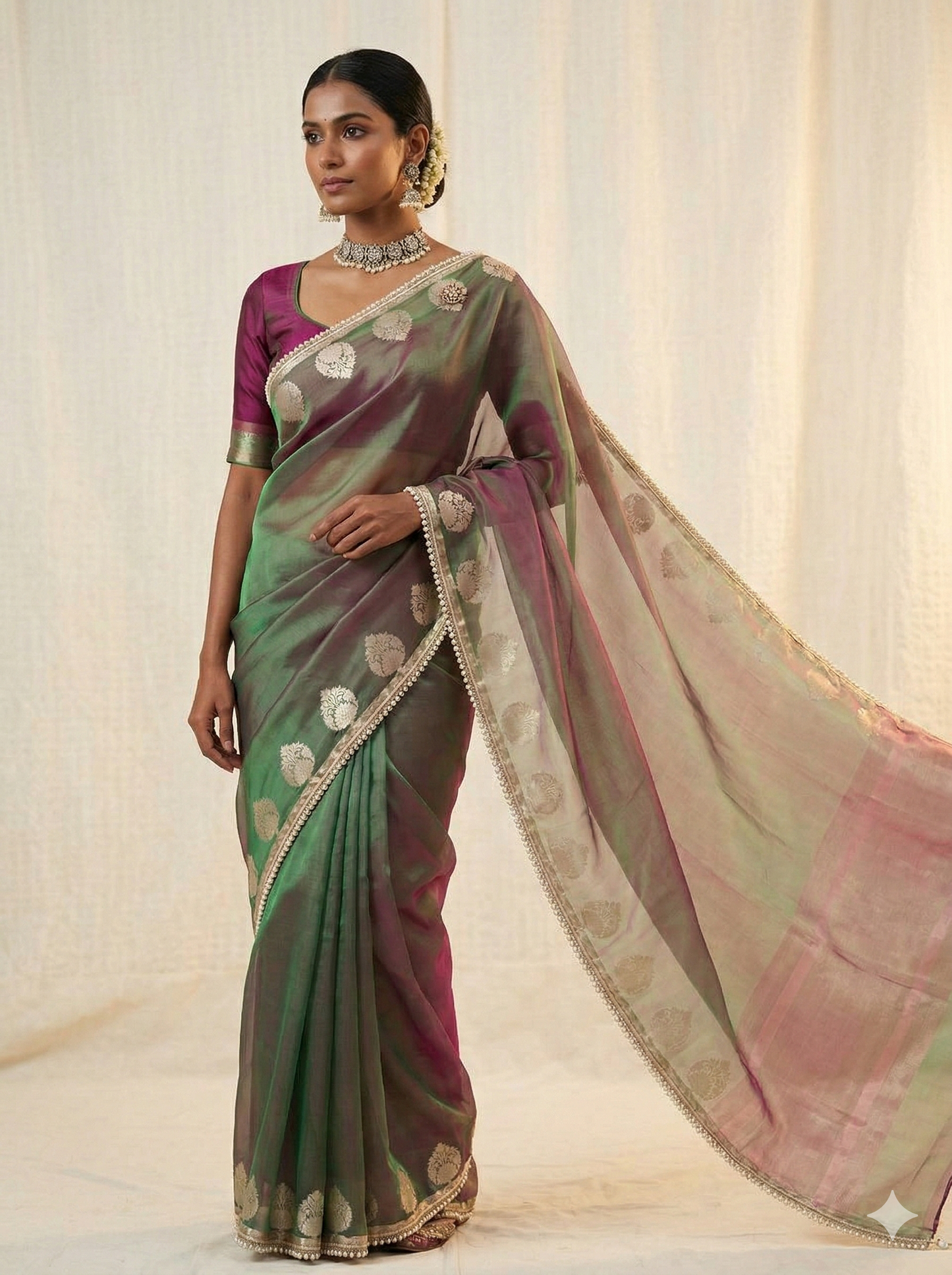 Green Color Banarasi Tissue Silk Saree With Lace Work Alna Apparels