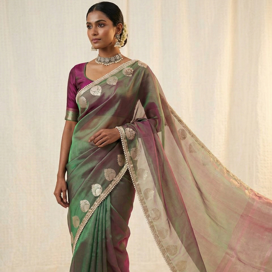 Green Color Banarasi Tissue Silk Saree With Lace Work Alna Apparels
