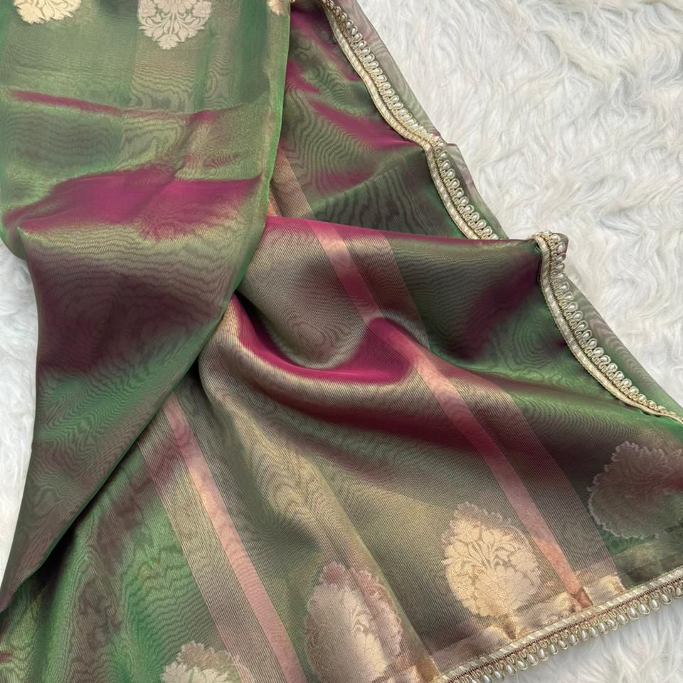 Green Color Banarasi Tissue Silk Saree With Lace Work - Alna Apparels