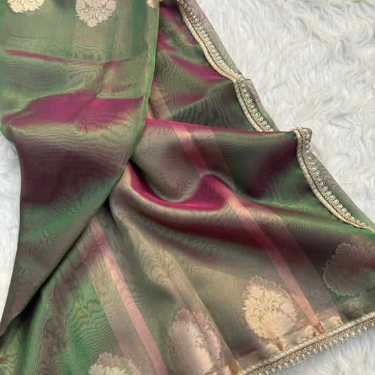 Green Color Banarasi Tissue Silk Saree With Lace Work Alna Apparels