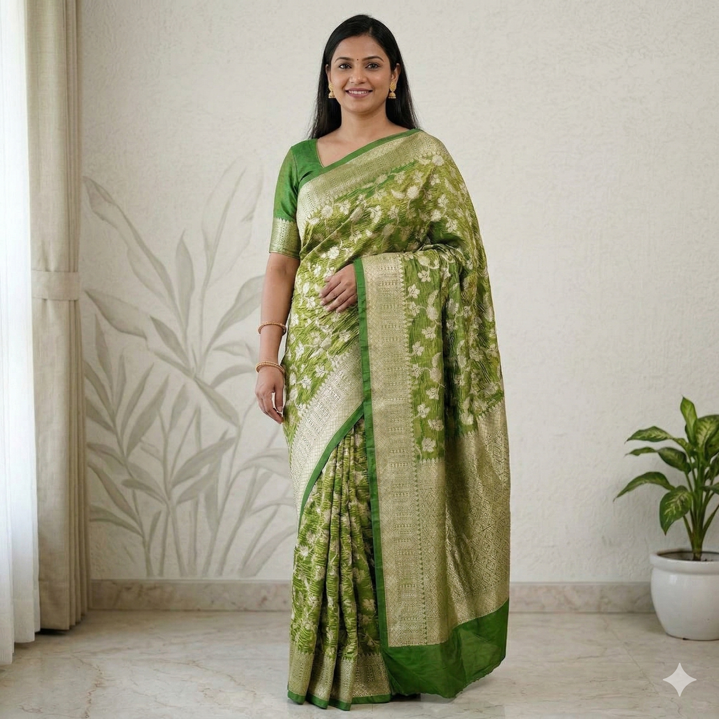 Green Banarasi Crush Tissue Silk Saree Alna Apparels