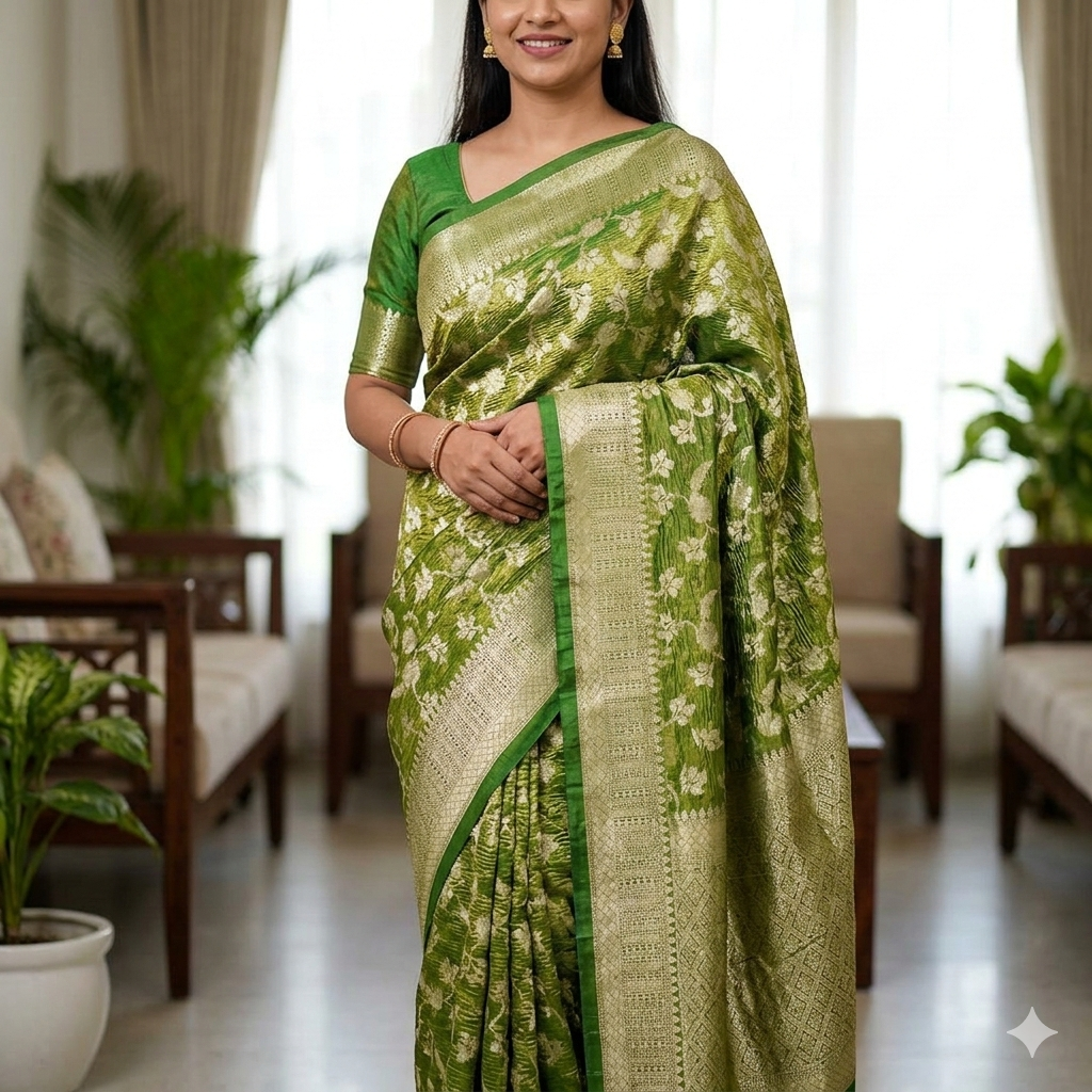 Green Banarasi Crush Tissue Silk Saree Alna Apparels