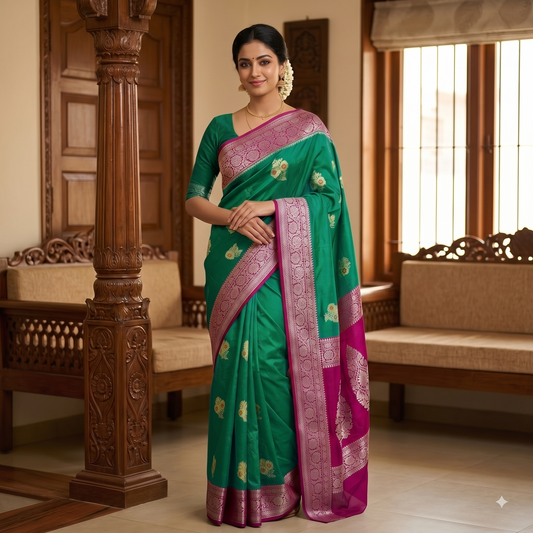 Green Banarasi Georgette Meenakari Soft Silk Saree Alna Apparels
