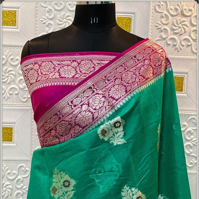 Green Banarasi Georgette Meenakari Soft Silk Saree - Alna Apparels