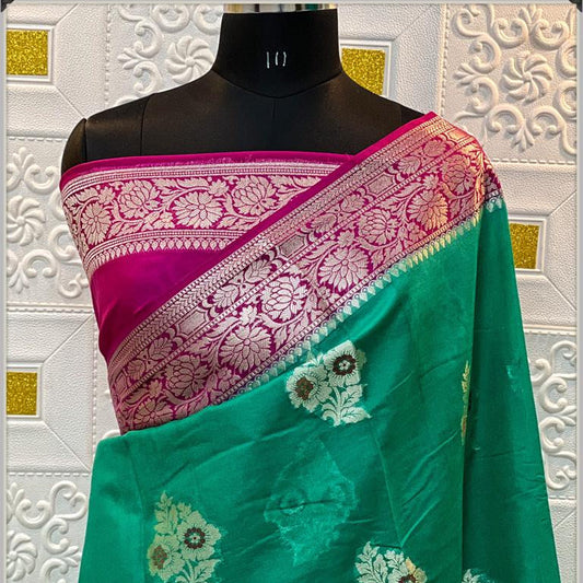 Green Banarasi Georgette Meenakari Soft Silk Saree Alna Apparels