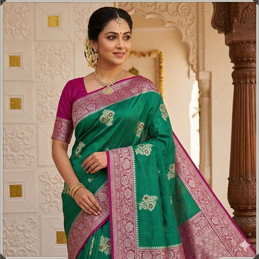 Green Banarasi Georgette Meenakari Soft Silk Saree Alna Apparels