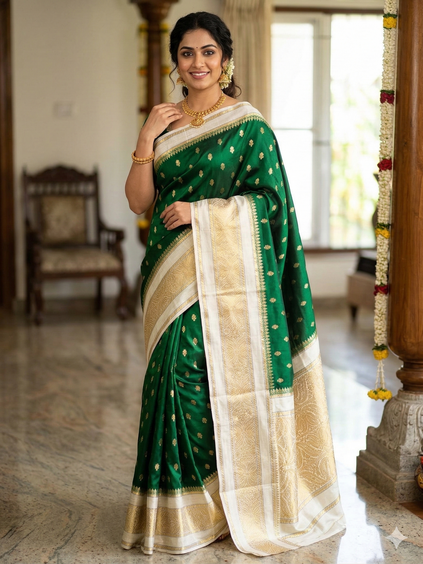 Green Banarasi Kathan Dupion Silk Saree Alna Apparels