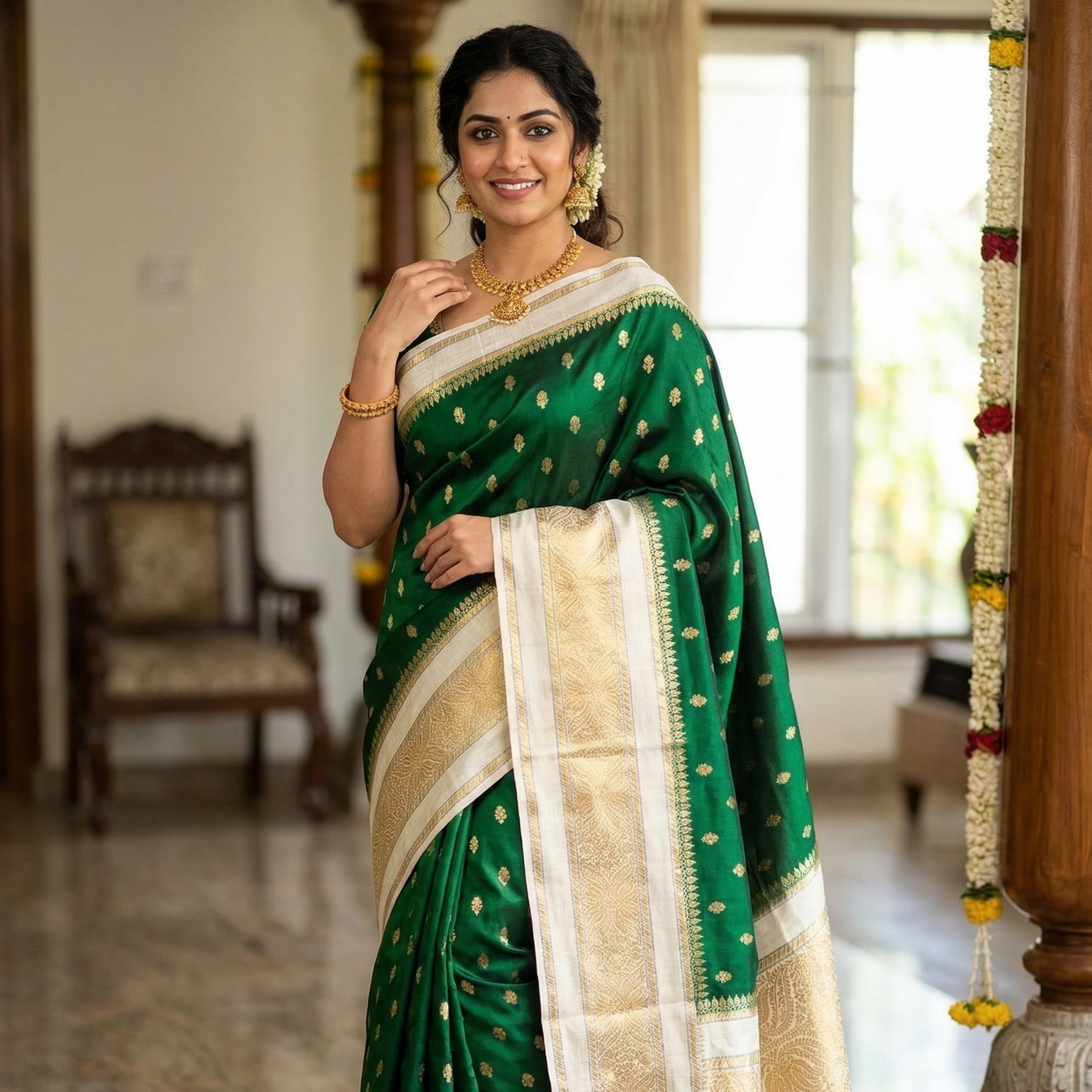 Green Banarasi Kathan Dupion Silk Saree Alna Apparels