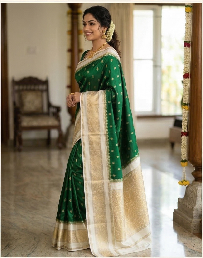 Green Banarasi Kathan Dupion Silk Saree Alna Apparels