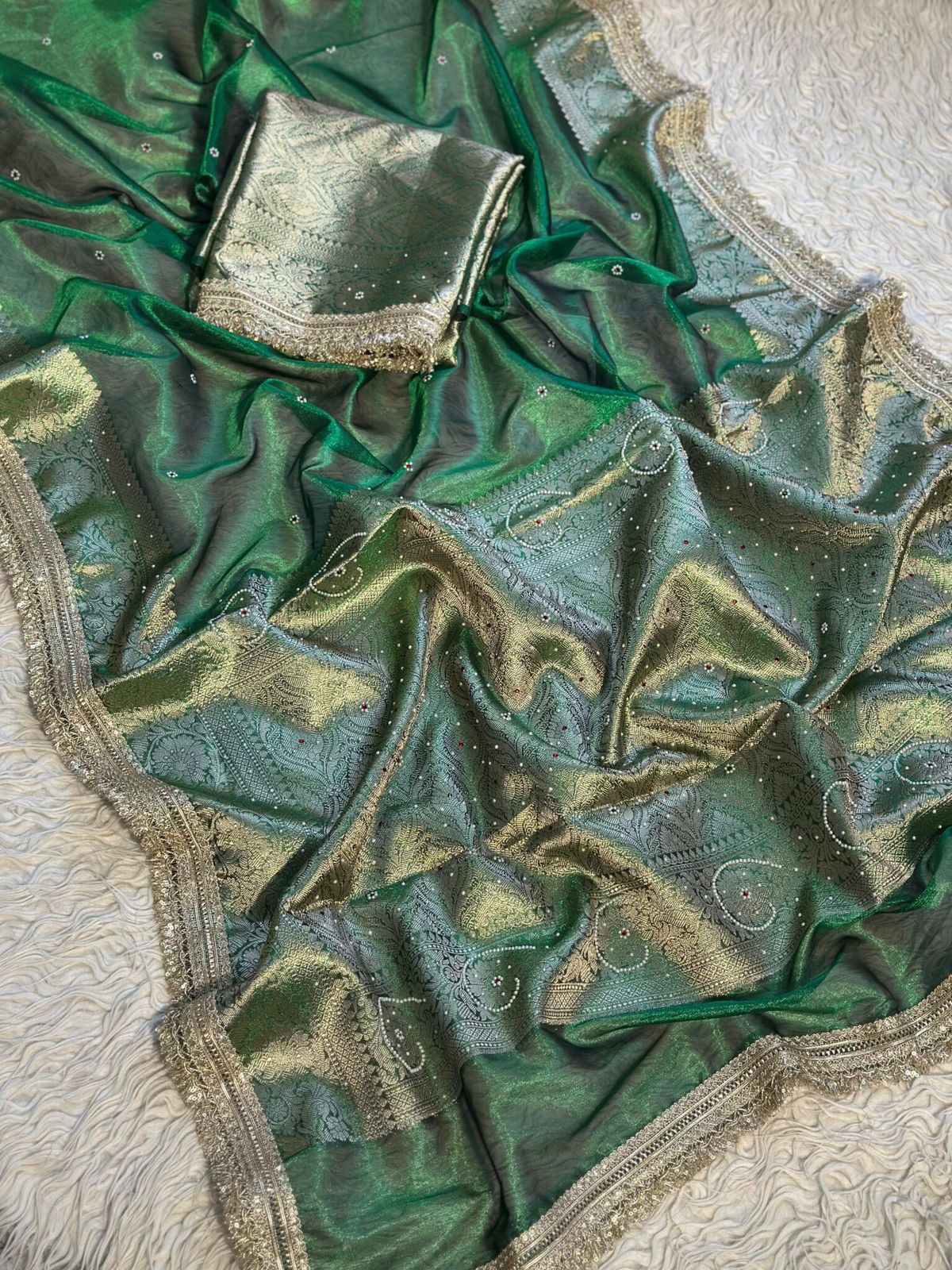 Green Banarasi Tissue Silk Saree Classy Stone Work With Lace - Alna Apparels