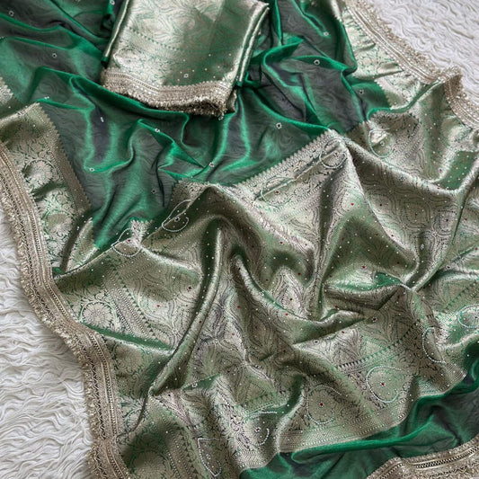 Green Banarasi Tissue Silk Saree Classy Stone Work With Lace Alna Apparels