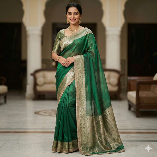 Green Banarasi Tissue Silk Saree Classy Stone Work With Lace Alna Apparels