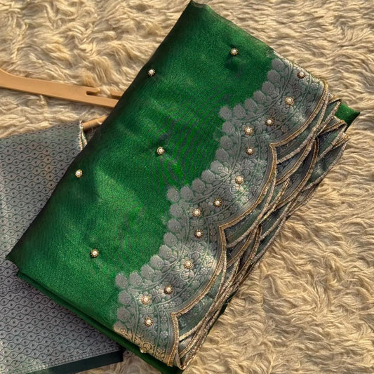 Green Banarasi Tissue Silk Saree Stone With Aari Work Alna Apparels