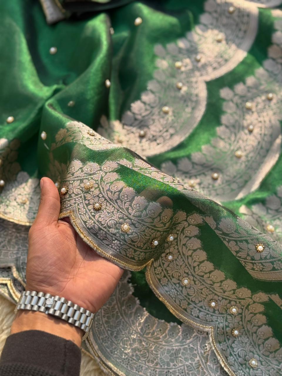 Green Banarasi Tissue Silk Saree Stone With Aari Work Alna Apparels