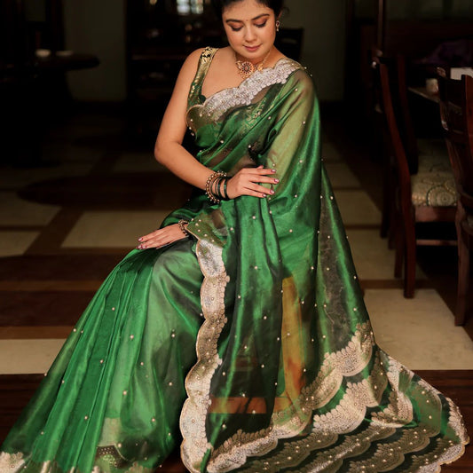 Green Banarasi Tissue Silk Saree Stone With Aari Work Alna Apparels