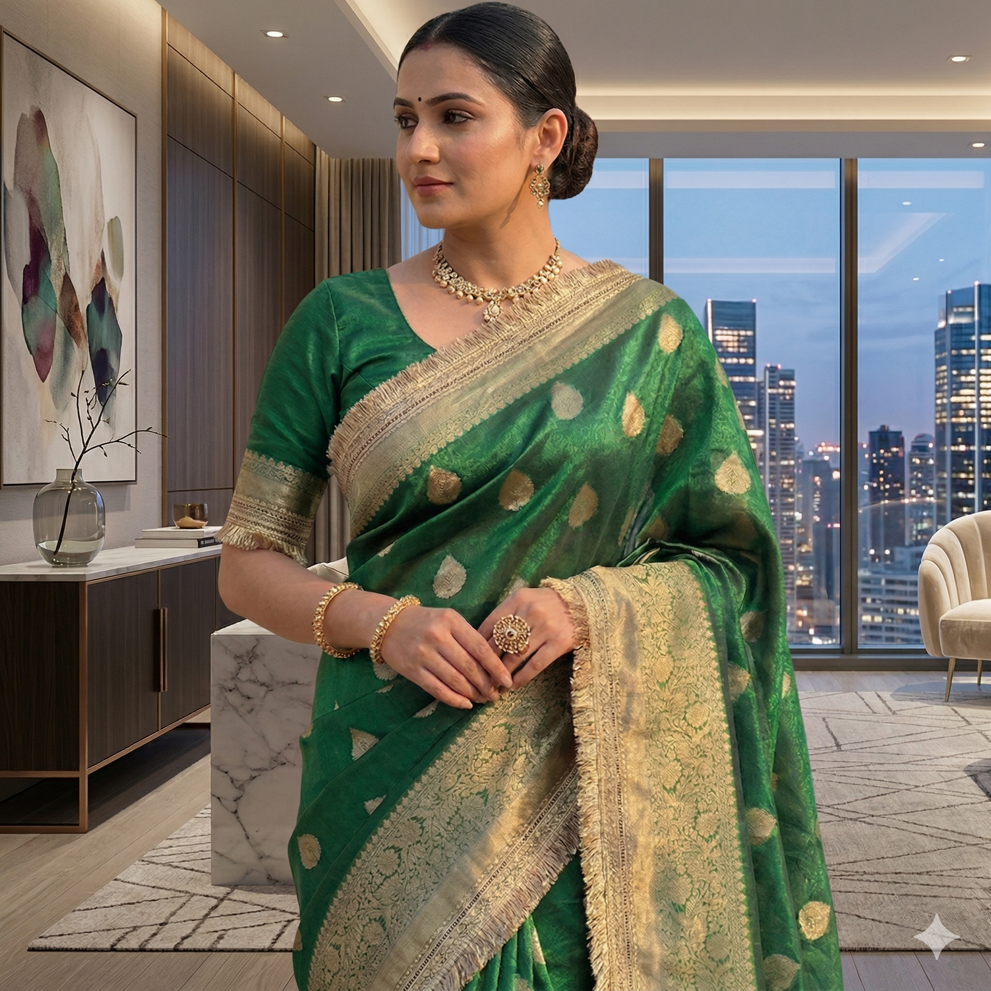 Green Banarasi Tissue Silk Saree With Lace Alna Apparels