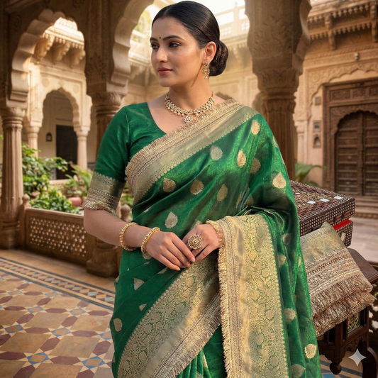 Green Banarasi Tissue Silk Saree With Lace Alna Apparels
