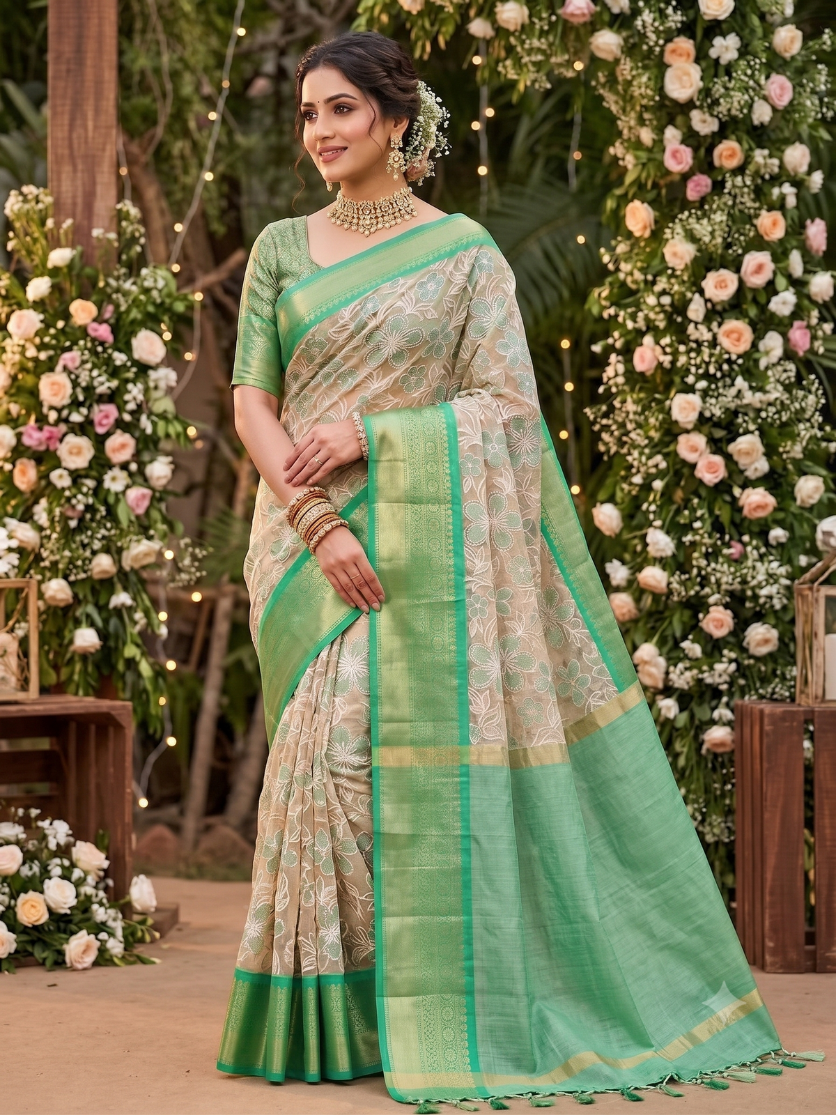 Green Banarasi Semi Silk Saree With Beautiful Embroidery Work Alna Apparels