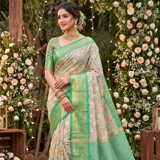 Green Banarasi Semi Silk Saree With Beautiful Embroidery Work Alna Apparels