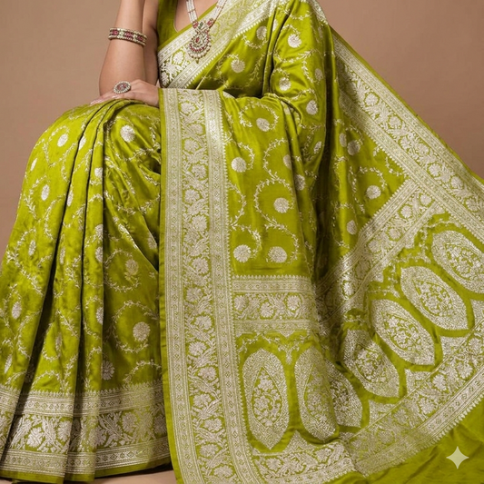 Green Color Banarasi Mashru Silk Saree Alna Apparels