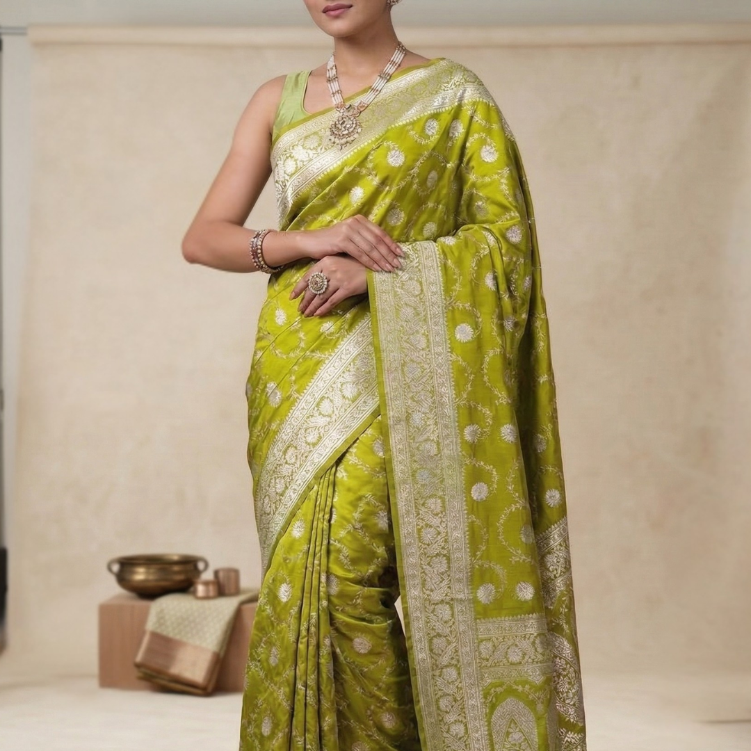 Green Color Banarasi Mashru Silk Saree Alna Apparels