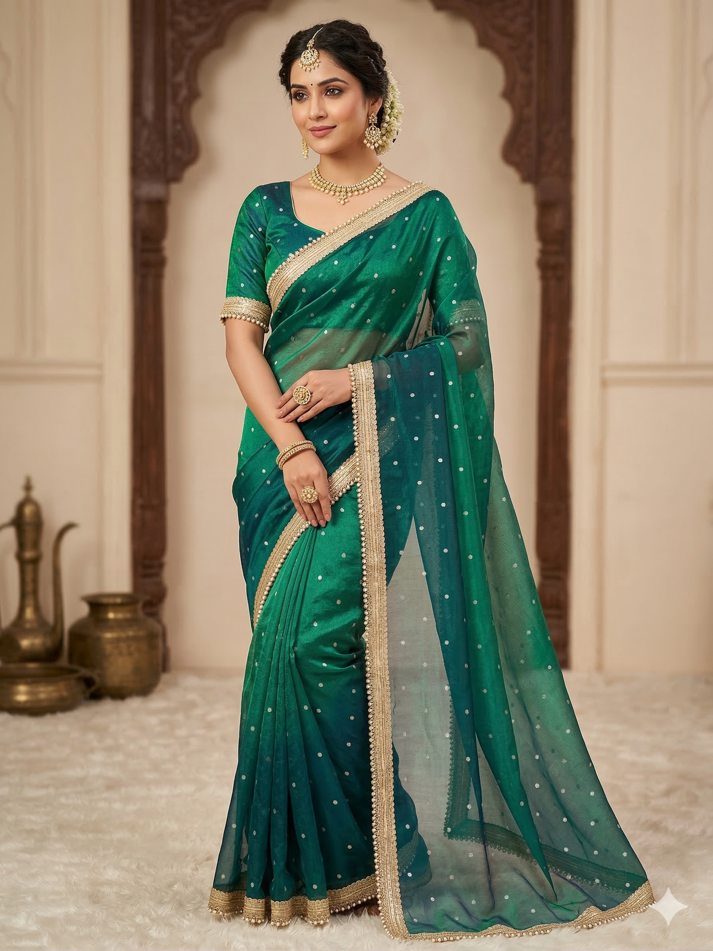 Green Color Banarasi Tissue Silk Saree With Grand Lace Work Alna Apparels