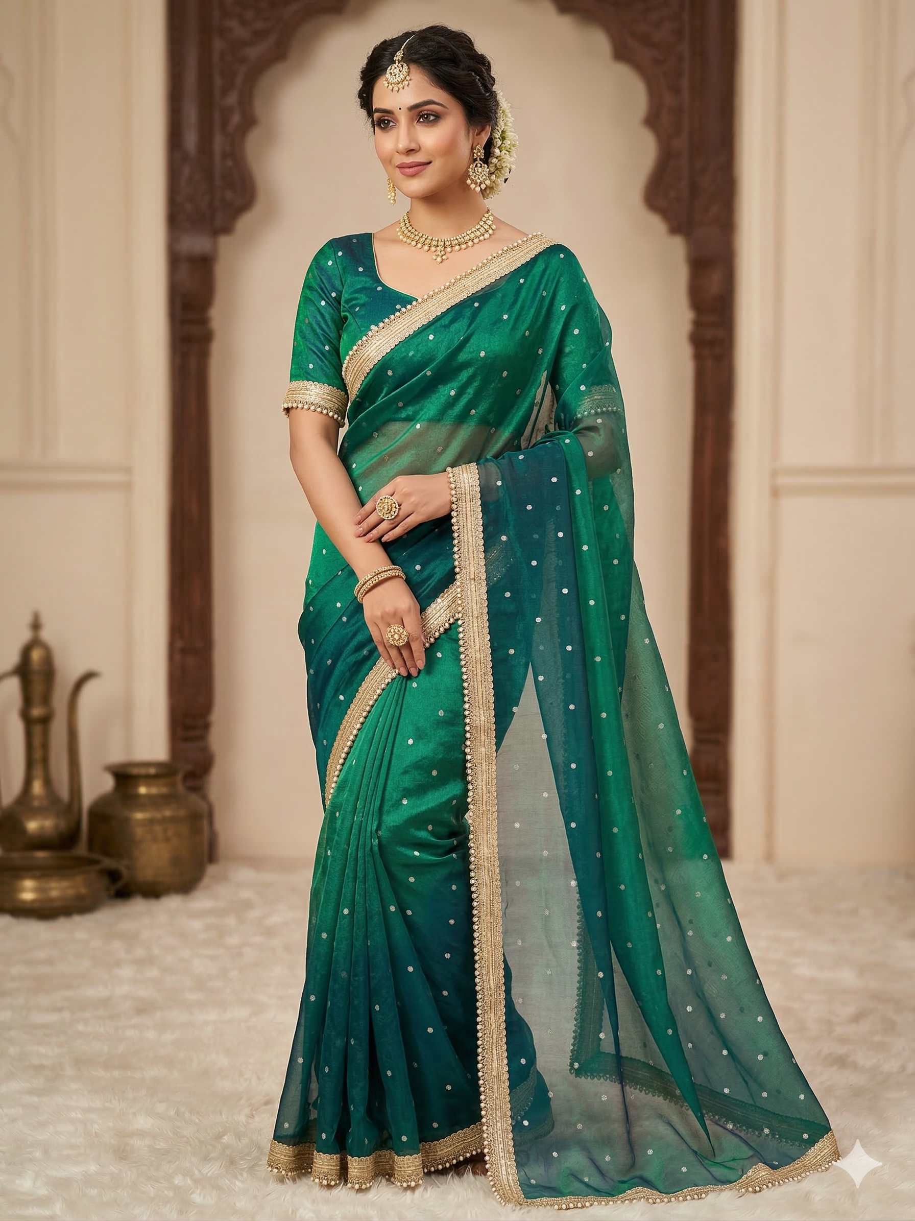 Green Color Banarasi Tissue Silk Saree With Grand Lace Work Alna Apparels