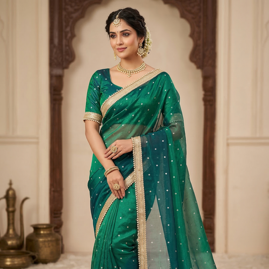 Green Color Banarasi Tissue Silk Saree With Grand Lace Work Alna Apparels