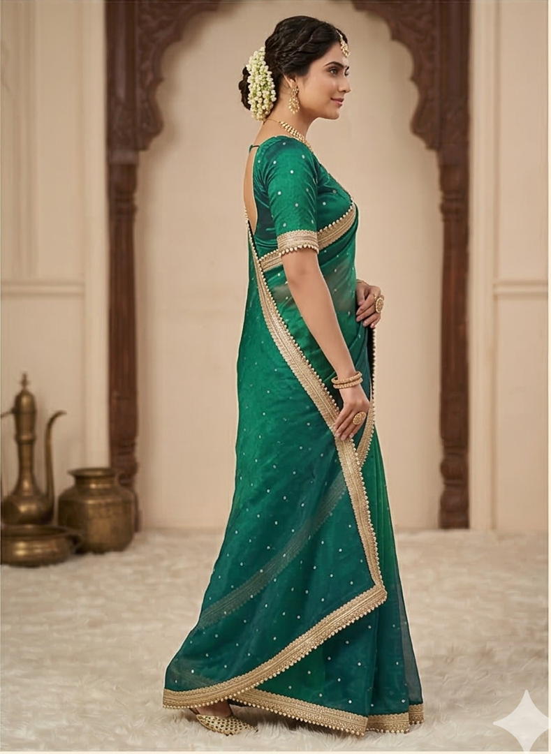 Green Color Banarasi Tissue Silk Saree With Grand Lace Work Alna Apparels