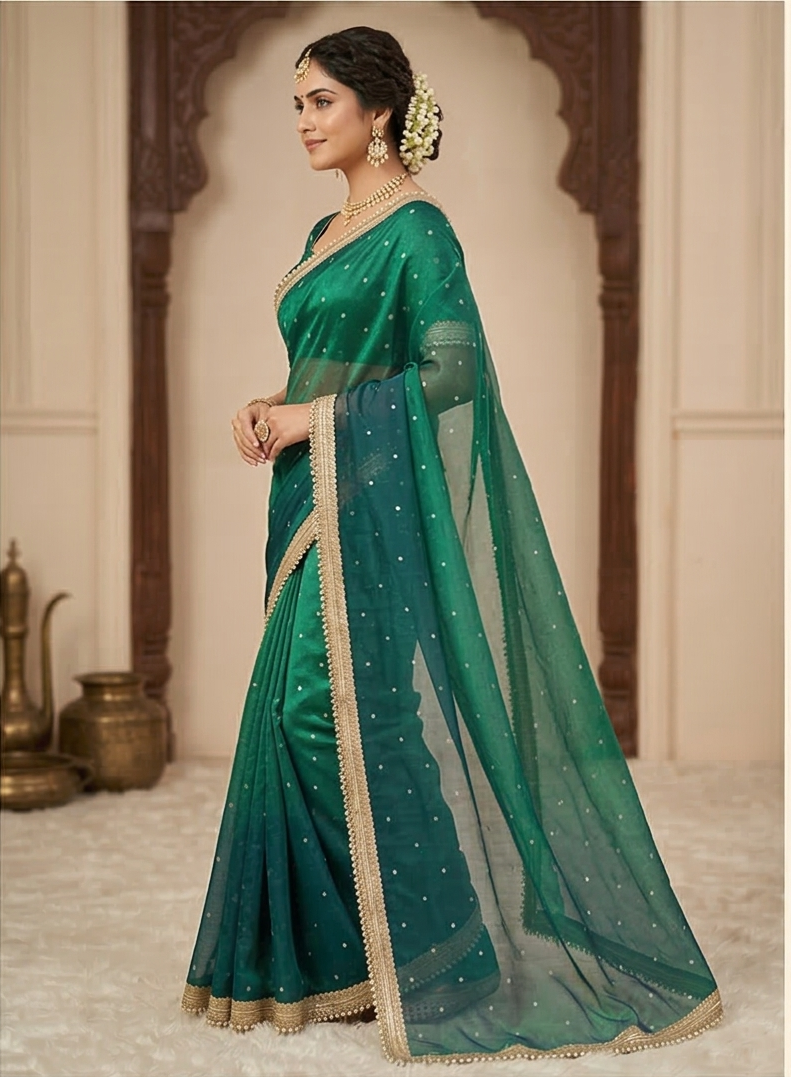 Green Color Banarasi Tissue Silk Saree With Grand Lace Work Alna Apparels