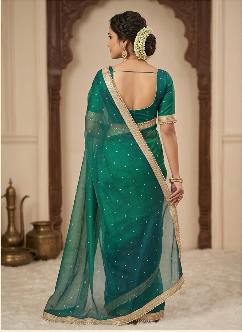 Green Color Banarasi Tissue Silk Saree With Grand Lace Work Alna Apparels