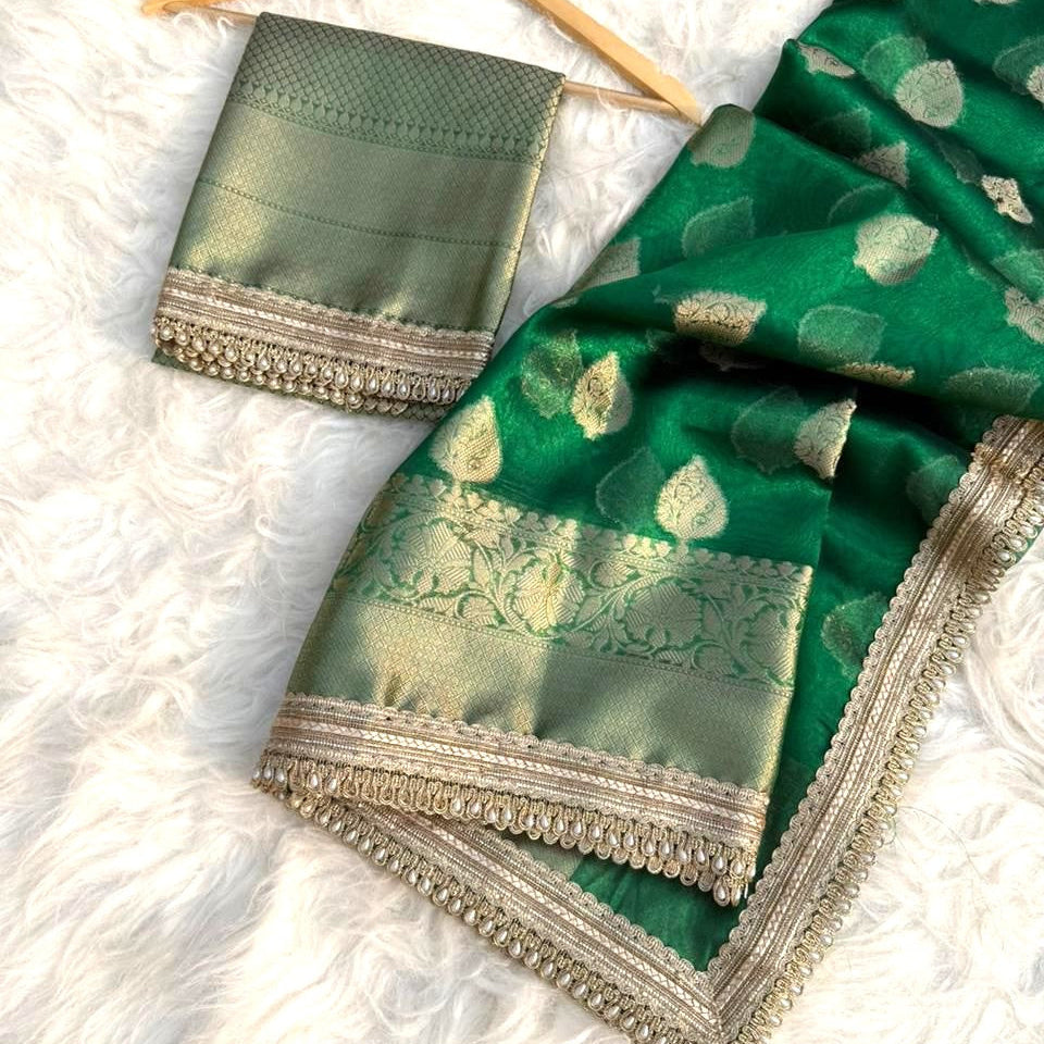 Green Color Banarasi Tissue Silk Saree With Lace Work Alna Apparels