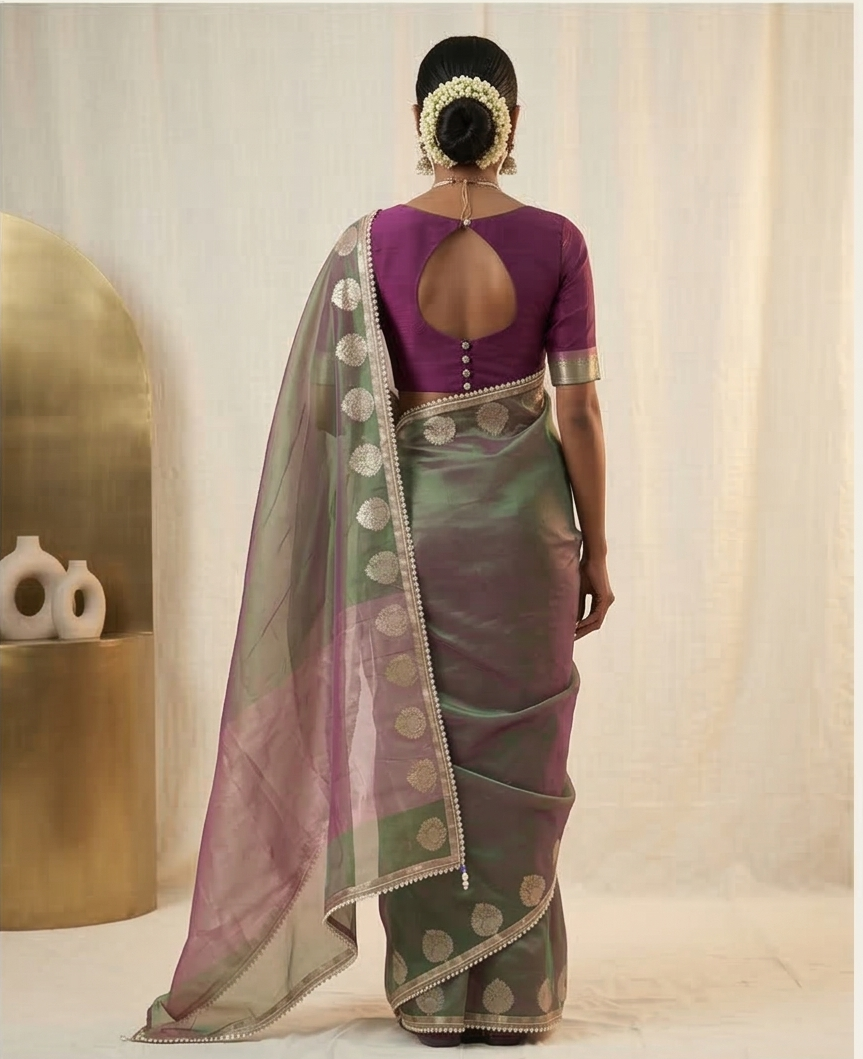 Green Color Banarasi Tissue Silk Saree With Lace Work Alna Apparels