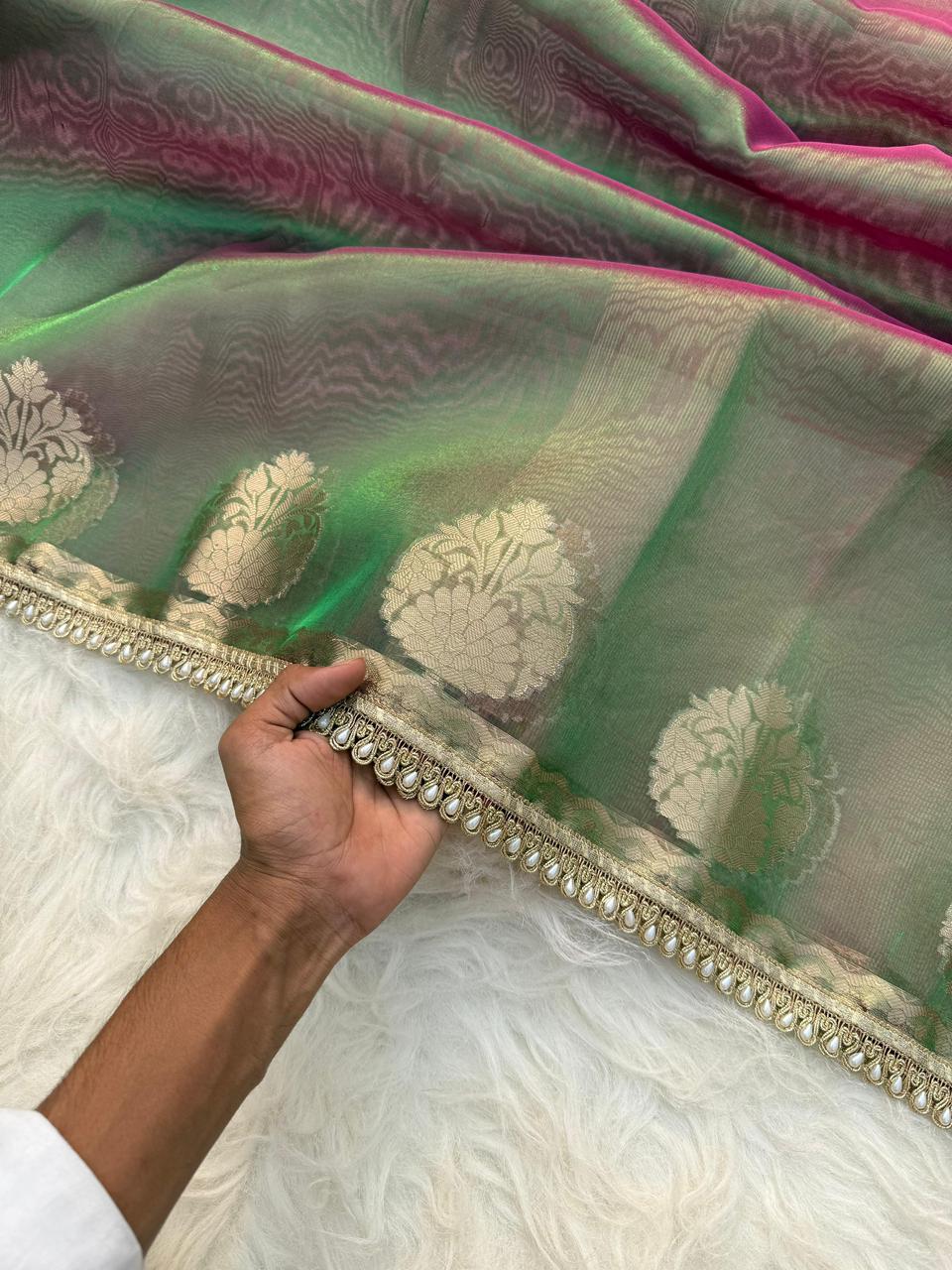 Green Color Banarasi Tissue Silk Saree With Lace Work - Alna Apparels