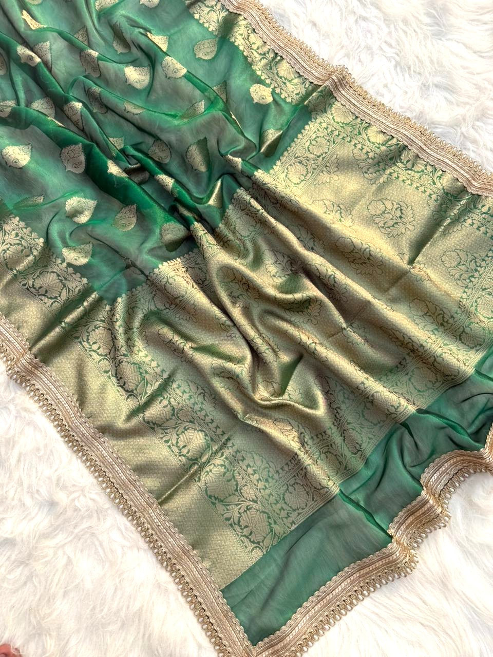 Green Color Banarasi Tissue Silk Saree With Lace Work Alna Apparels