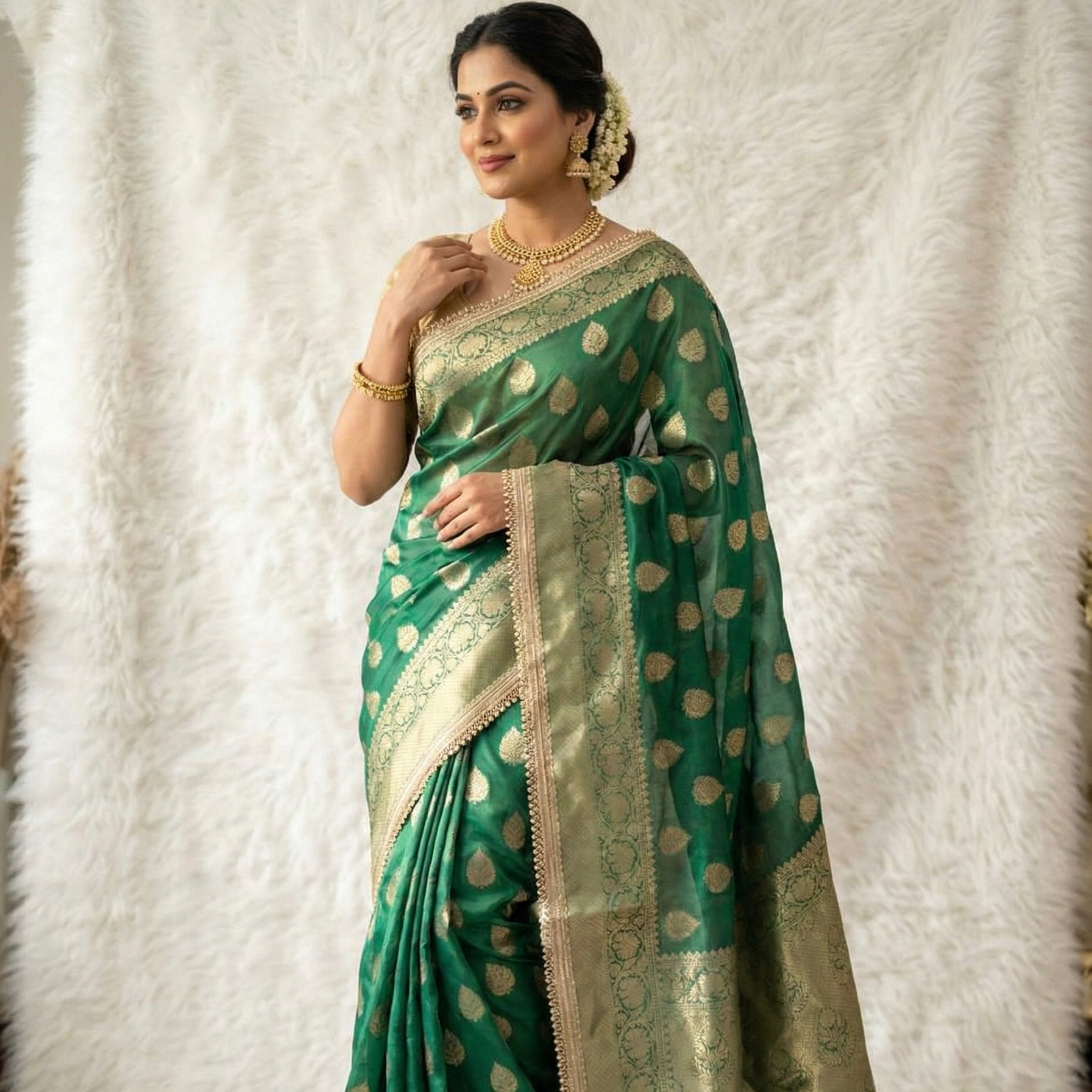 Green Color Banarasi Tissue Silk Saree With Lace Work Alna Apparels