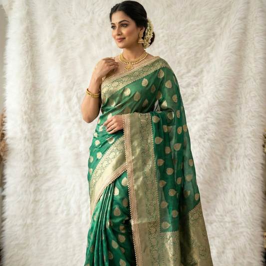 Green Color Banarasi Tissue Silk Saree With Lace Work Alna Apparels