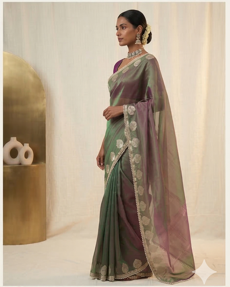 Green Color Banarasi Tissue Silk Saree With Lace Work Alna Apparels