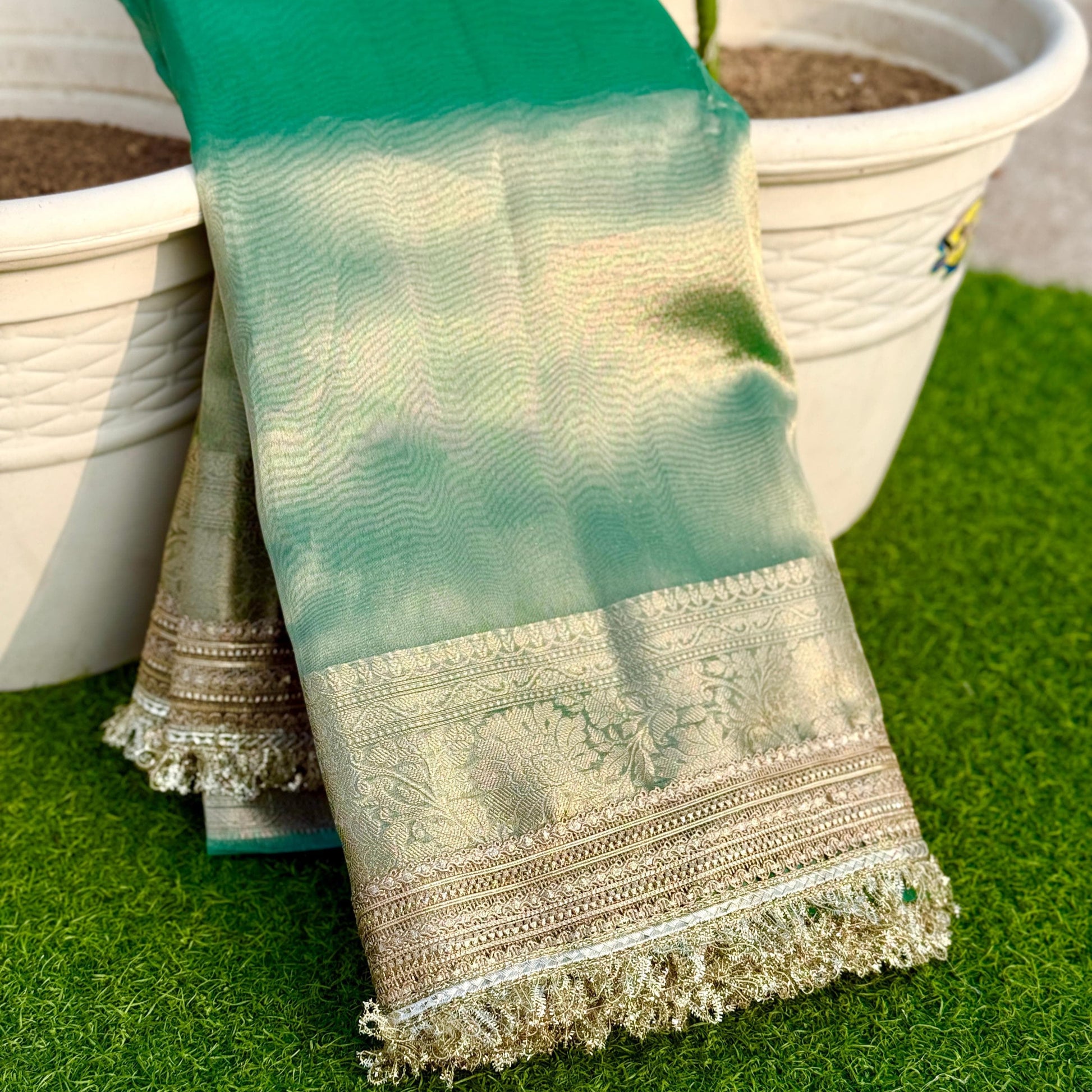 Greenish Blue Banarasi Tissue Silk Saree with Grand Lace Work - Alna Apparels