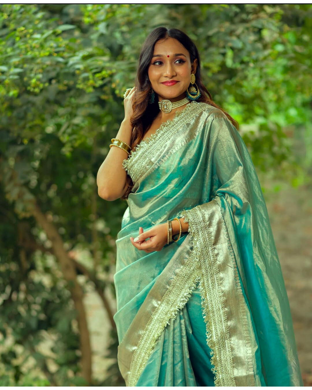 Greenish Blue Banarasi Tissue Silk Saree with Grand Lace Work - Alna Apparels