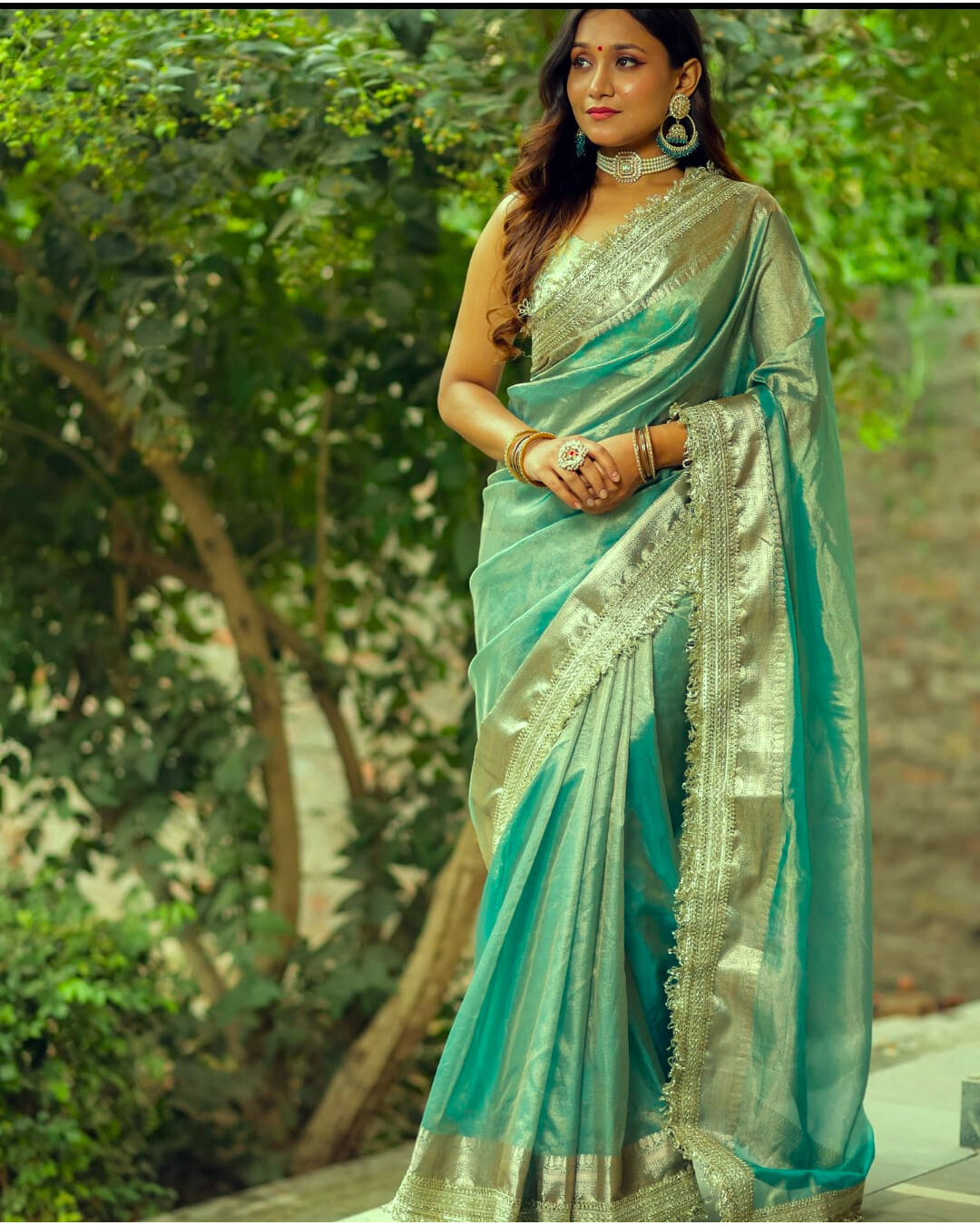 Greenish Blue Banarasi Tissue Silk Saree with Grand Lace Work - Alna Apparels
