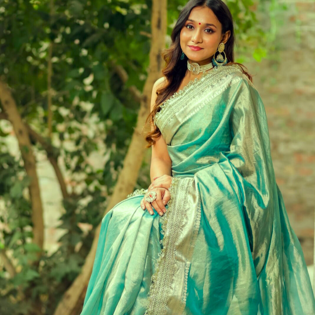 Greenish Blue Banarasi Tissue Silk Saree with Grand Lace Work - Alna Apparels