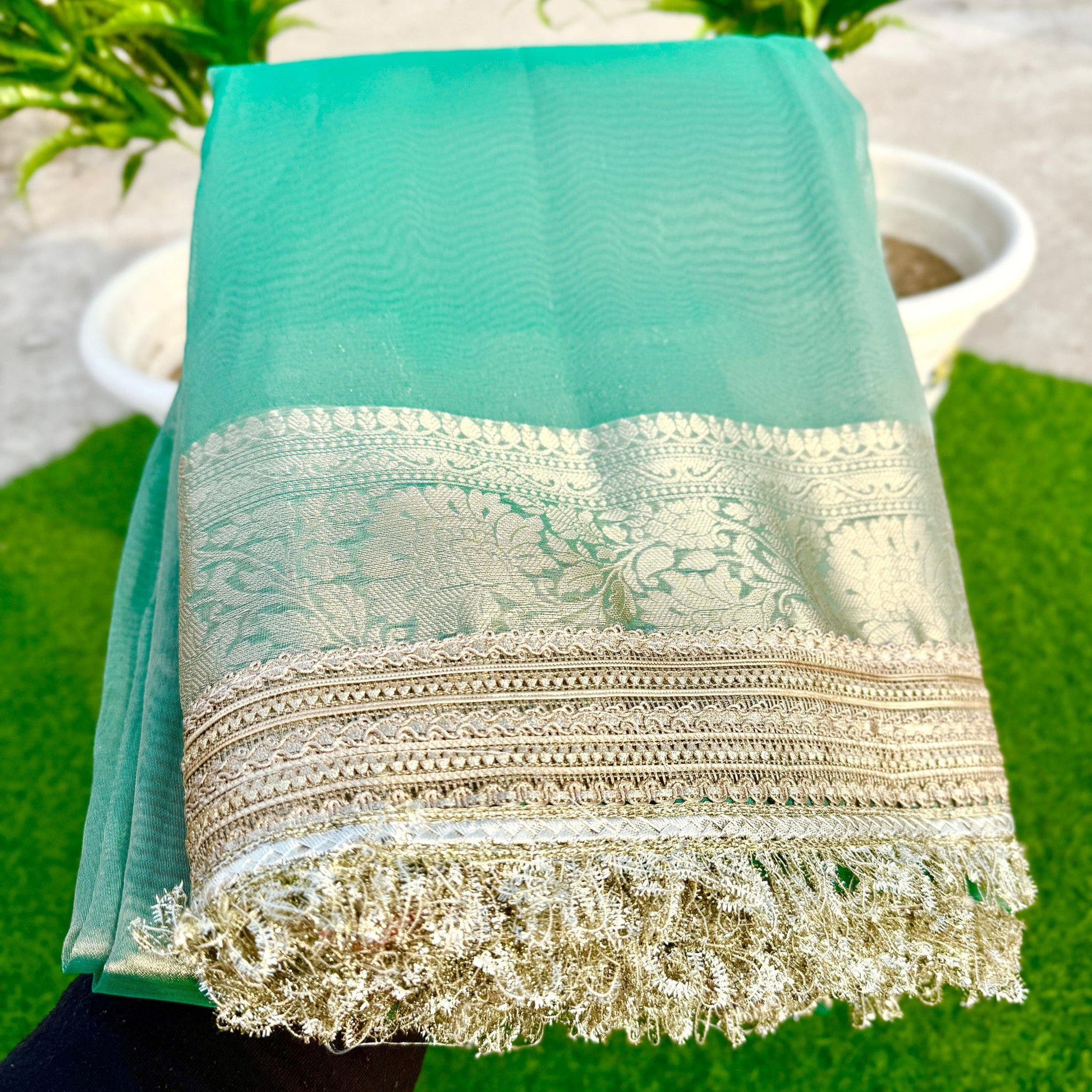 Greenish Blue Banarasi Tissue Silk Saree with Grand Lace Work - Alna Apparels