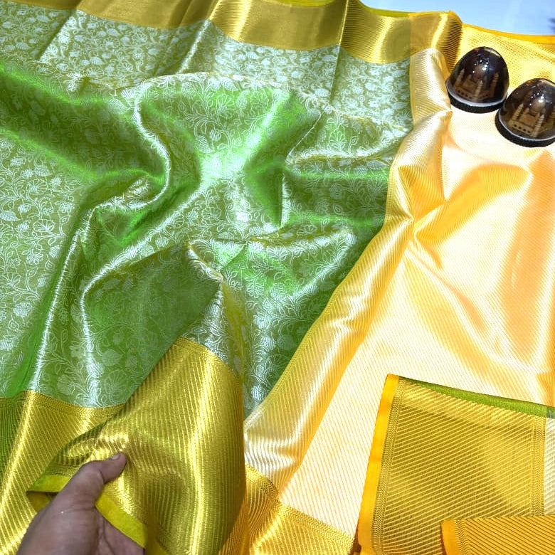 Greenish Gold Color Banarasi Tissue Silk Saree - Alna Apparels