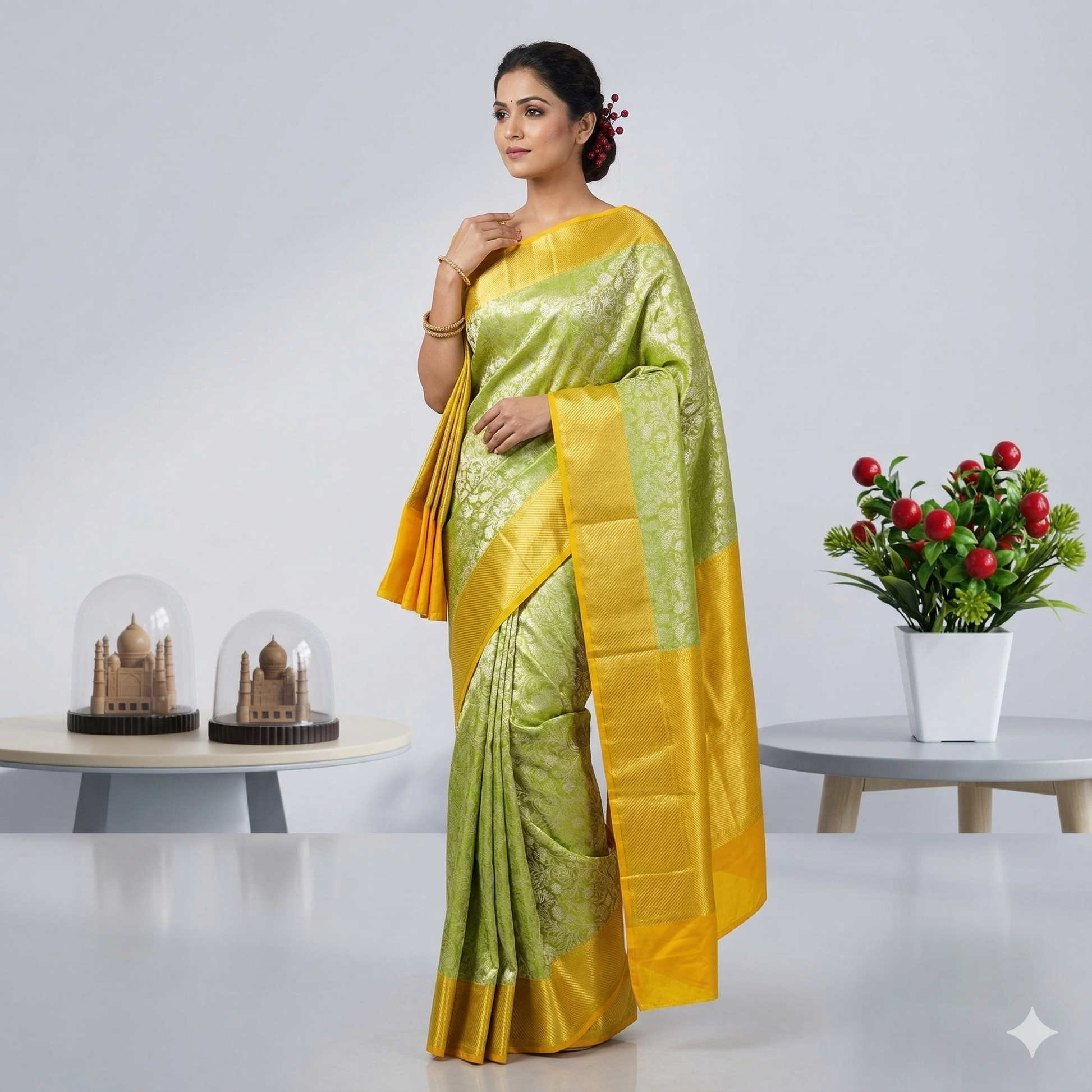 Greenish Gold Color Banarasi Tissue Silk Saree Alna Apparels