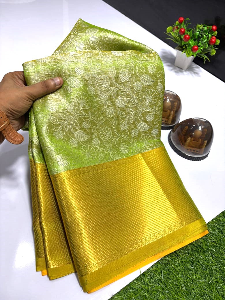 Greenish Gold Color Banarasi Tissue Silk Saree - Alna Apparels