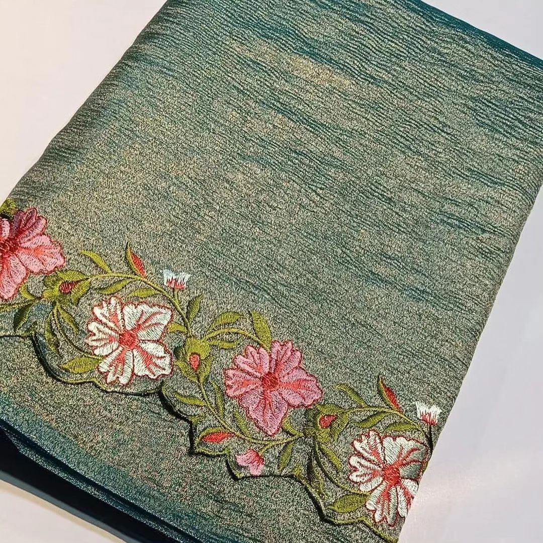 Greenish blue Banarasi Crush Tissue Embroidery Cutwork Saree - Alna Apparels